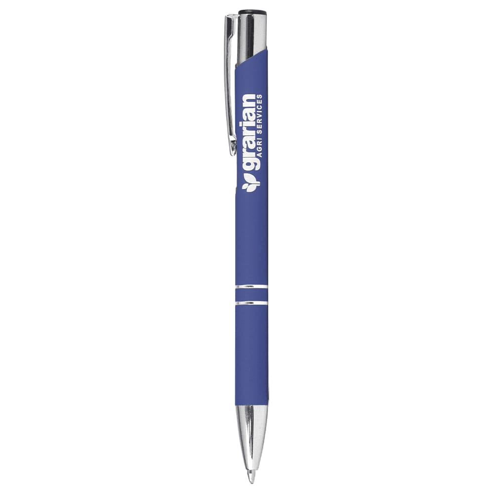 A blue metal ballpoint pen with a silver clip and accents, featuring a smooth click action mechanism.