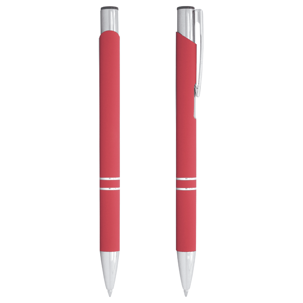 A red metal ballpoint pen with a sleek design and silver accents, featuring a clip and a smooth click action.