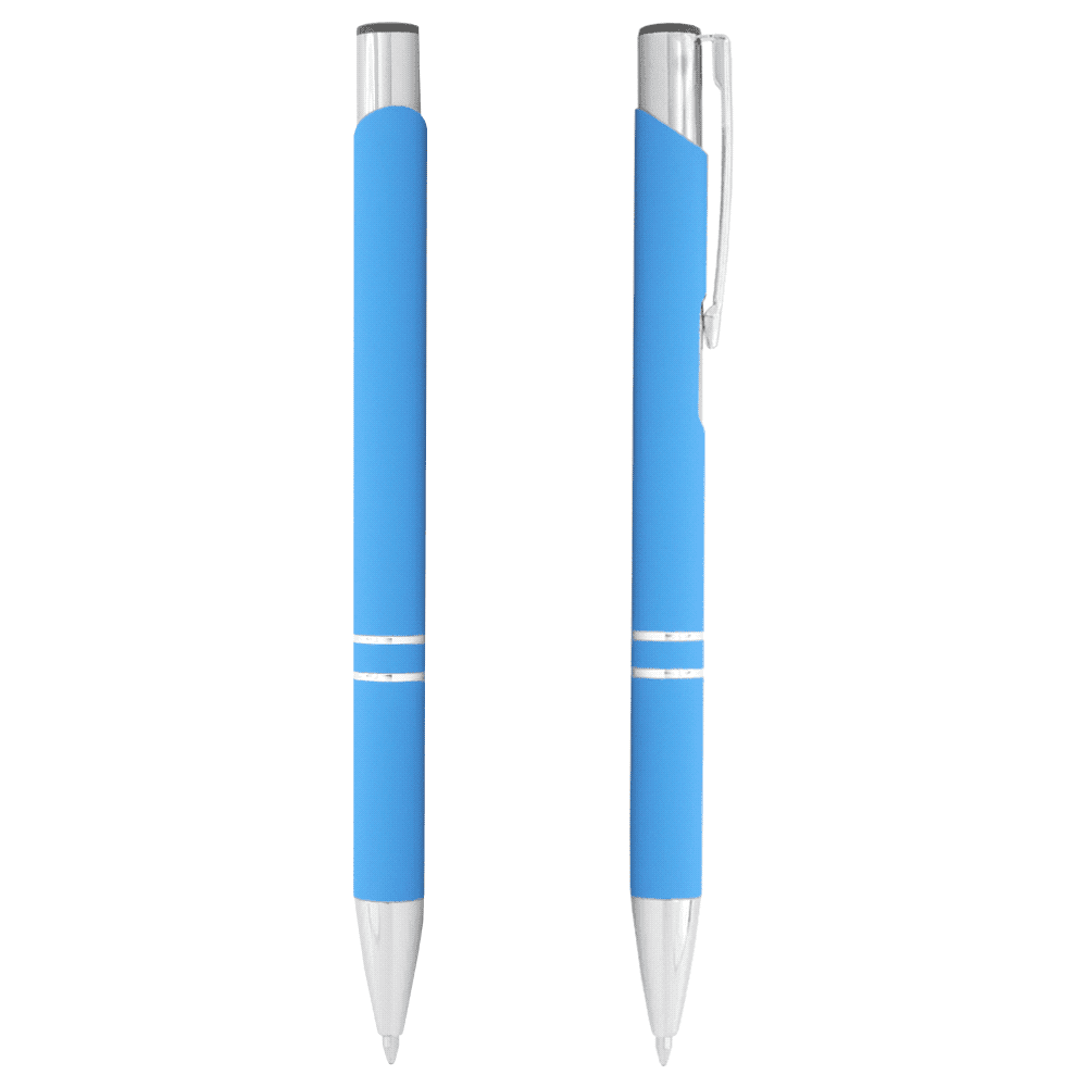 A pink metal ballpoint pen with a shiny clip and branding on the barrel.
