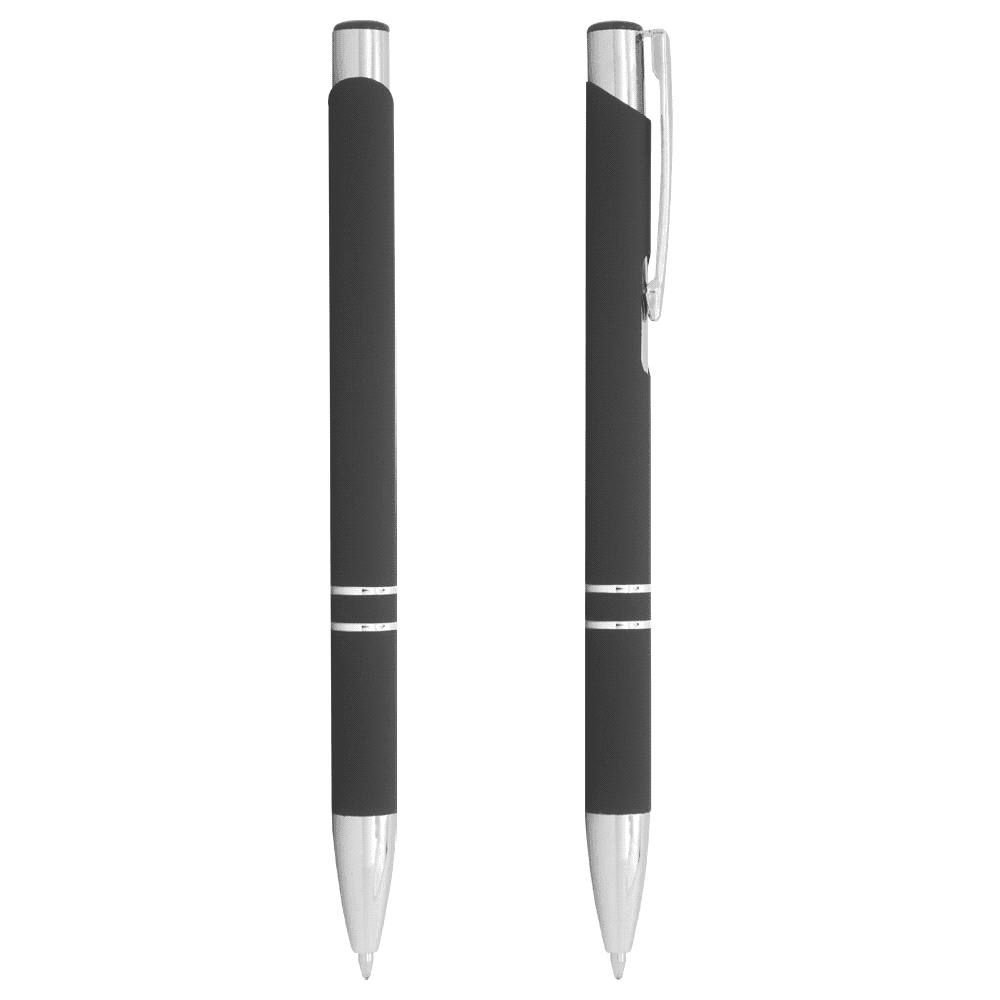 A blue metal ballpoint pen with chrome accents and a smooth grip, featuring a clip and a logo.