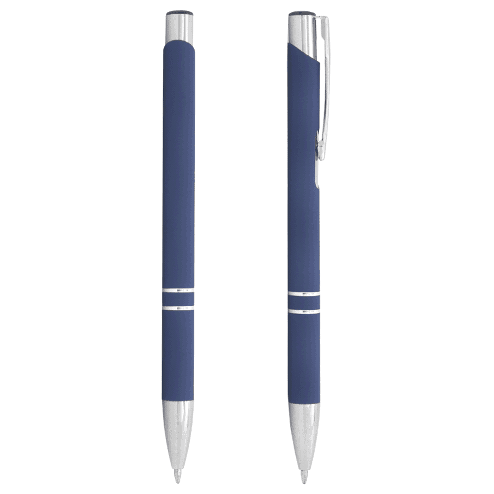 A black metal ballpoint pen with a silver clip and accents, featuring a sleek design and a logo.