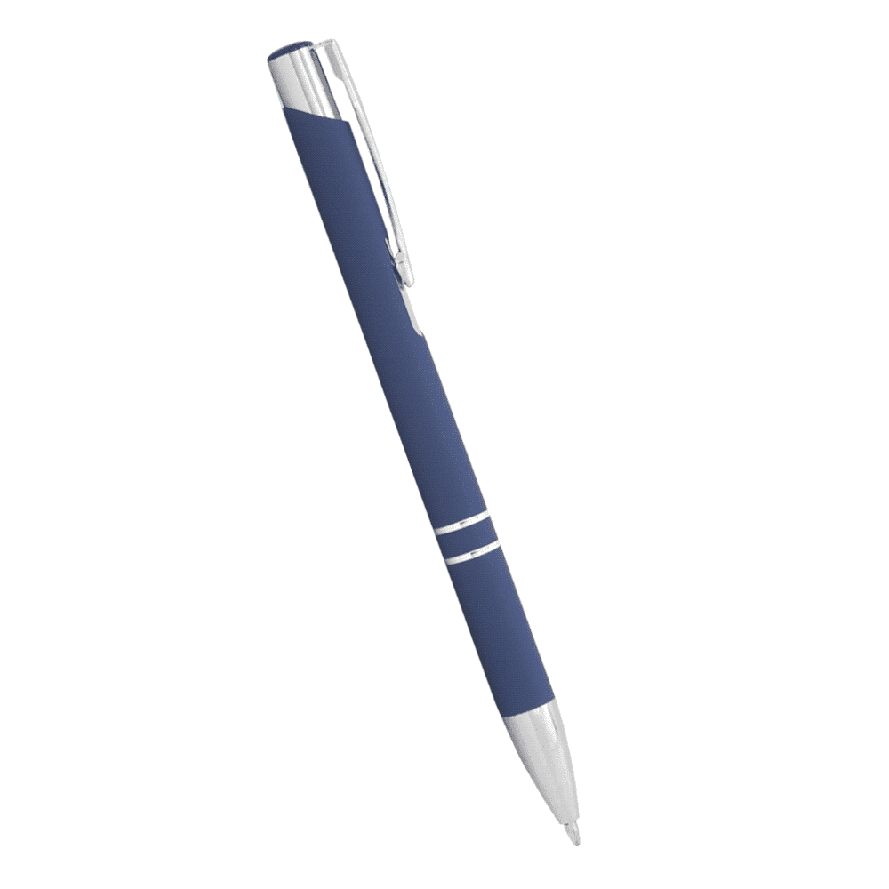 A sleek black ballpoint pen with silver accents and a logo on the barrel. Ideal for promotional use.
