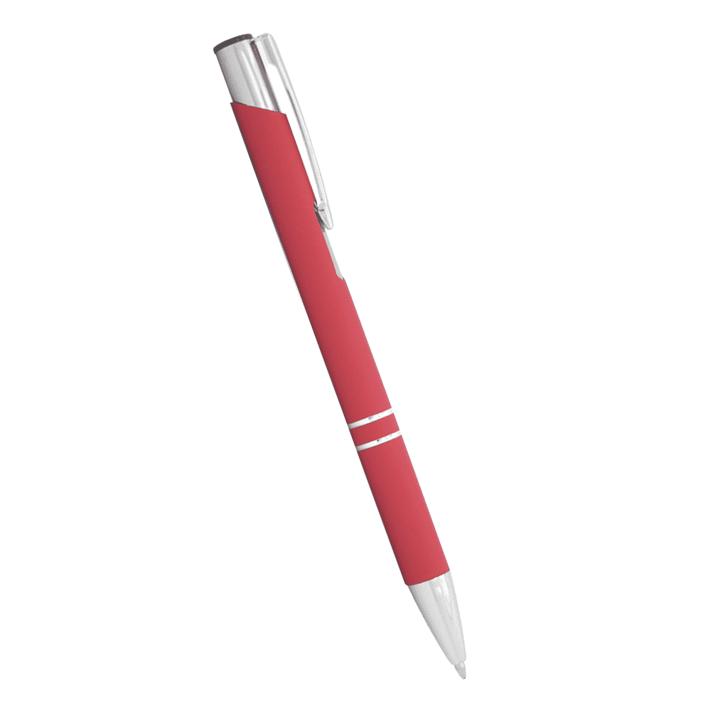 A white metal ballpoint pen with a click action mechanism and silver accents, featuring a logo.