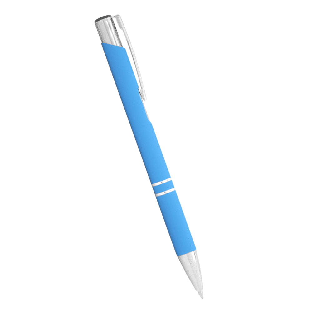 A blue metal ballpoint pen with silver accents and a clip, featuring a sleek, modern design and branding.