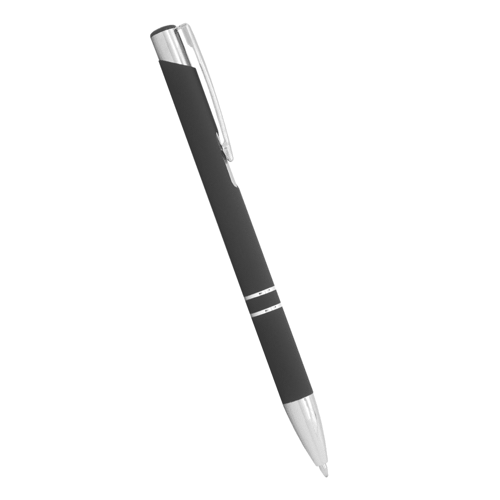 A blue metal ballpoint pen with a click action mechanism and a silver clip. Features a logo on the barrel.