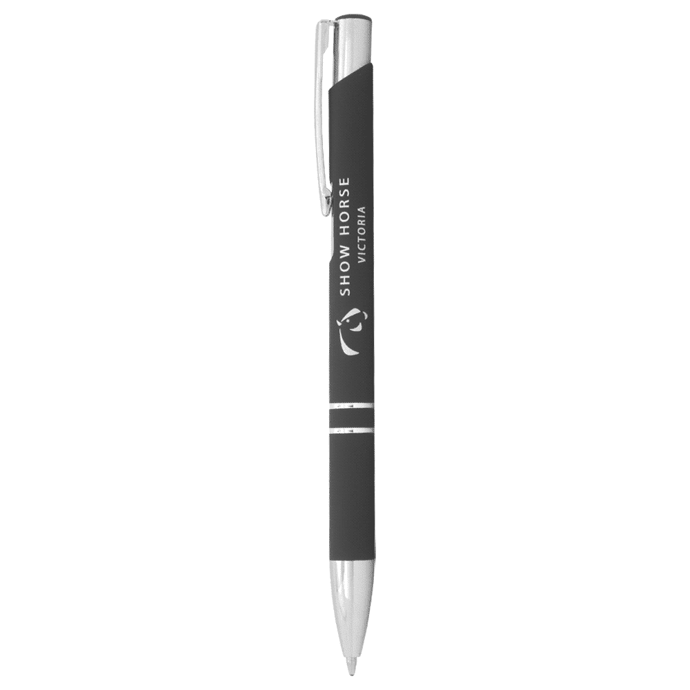 A red metal ballpoint pen with a silver clip and accents, featuring a logo.
