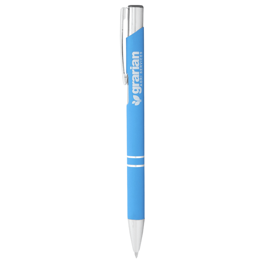 A blue metal ballpoint pen featuring a silver clip and accents. The pen has a textured grip for comfort.