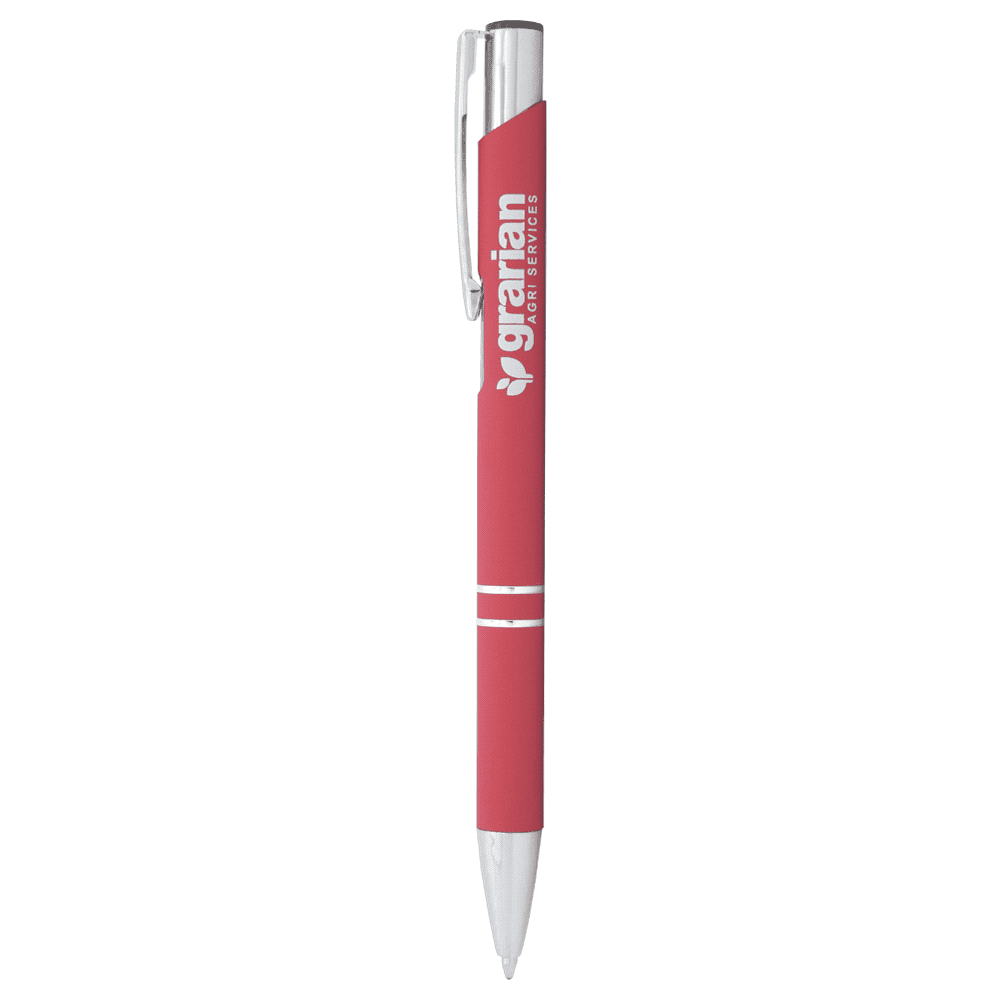 A white ballpoint pen with a metal clip and silver accents. The pen features a sleek, modern design and includes a logo.