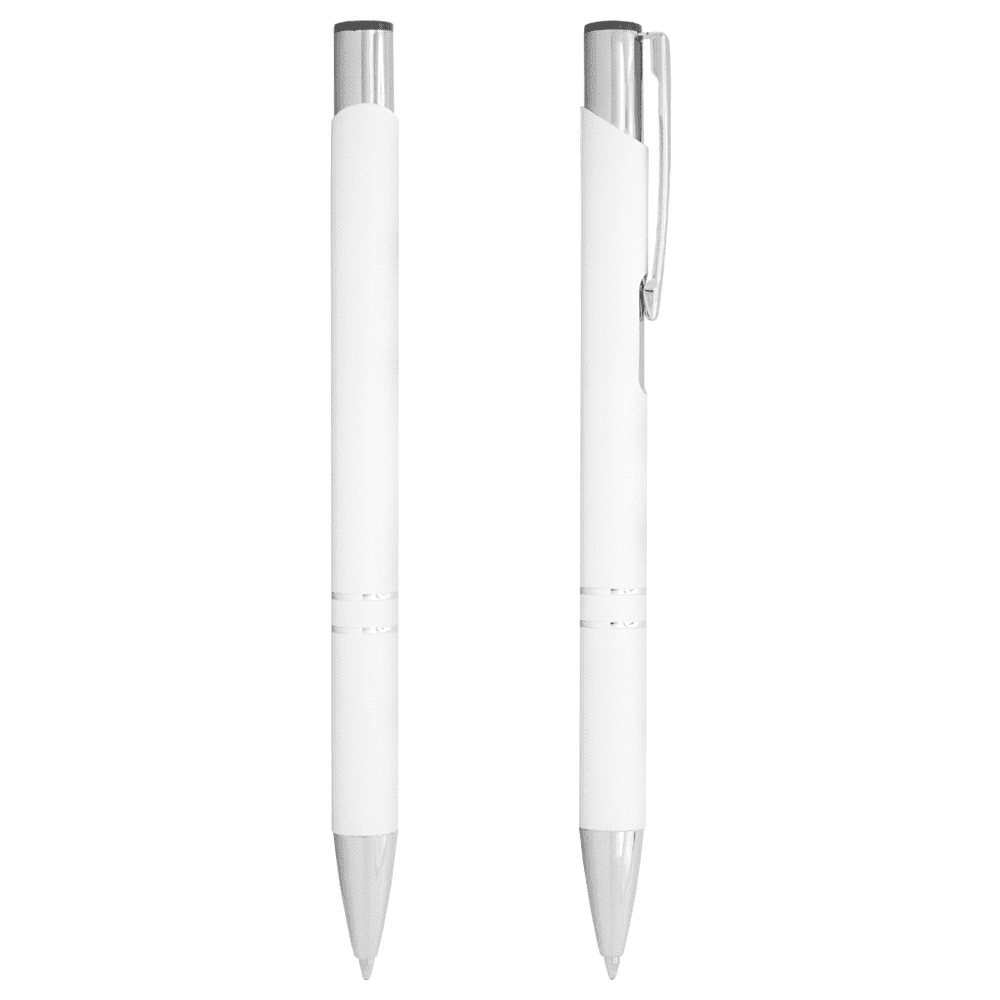 A blue metal ballpoint pen with a silver clip and a logo on the barrel.