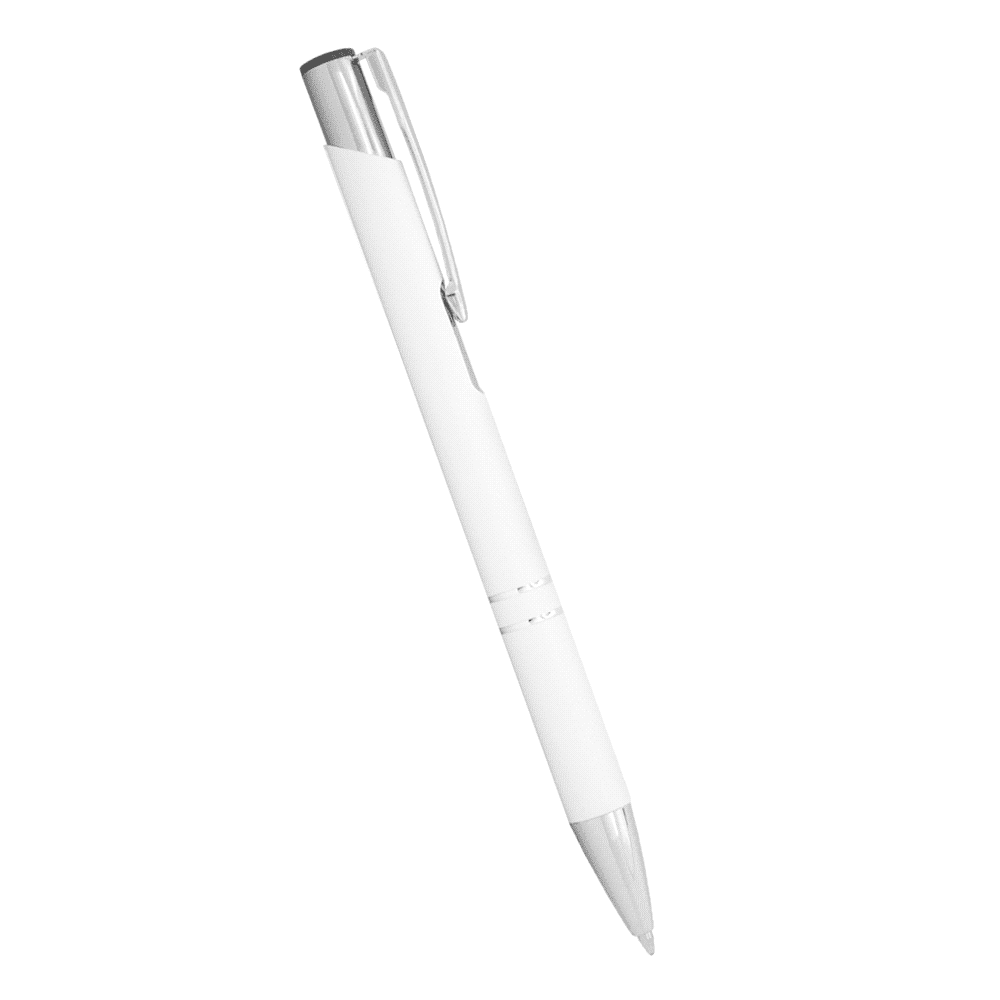 A white ballpoint pen with a metal clip and accents, featuring a branding logo.