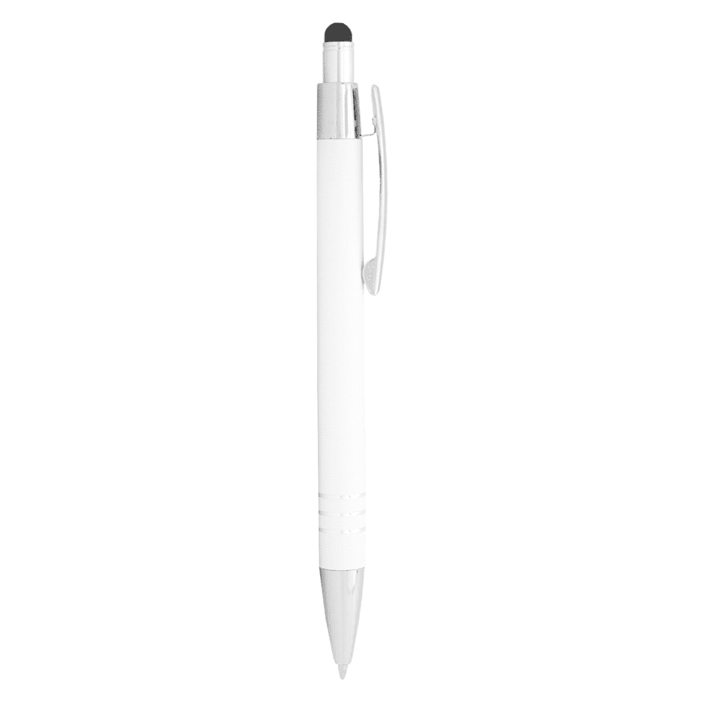 A white ballpoint pen with a silver clip and a black stylus tip, featuring a branding logo.