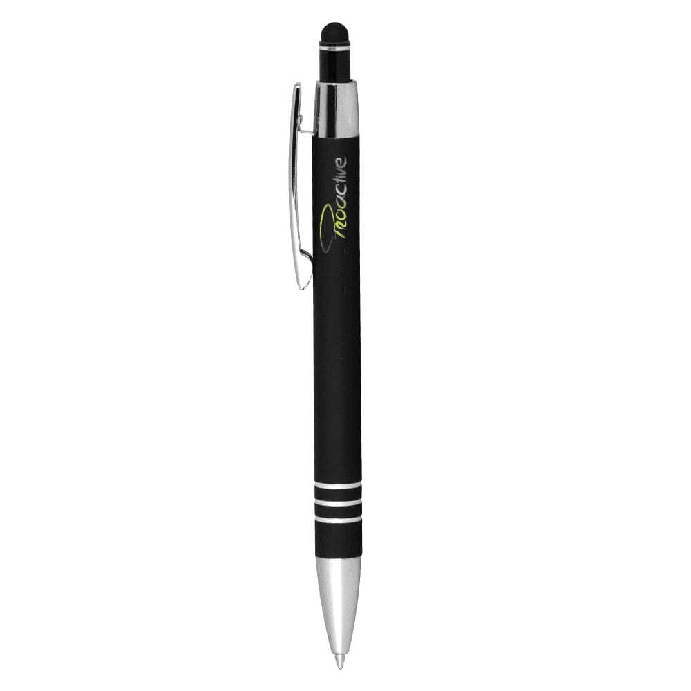A black ballpoint pen with a stylus tip and silver accents, featuring a clip and branding.
