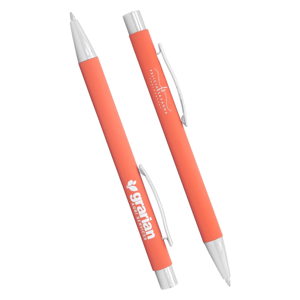 Two metal ballpoint pens in coral colour with silver accents, featuring a logo on one pen.
