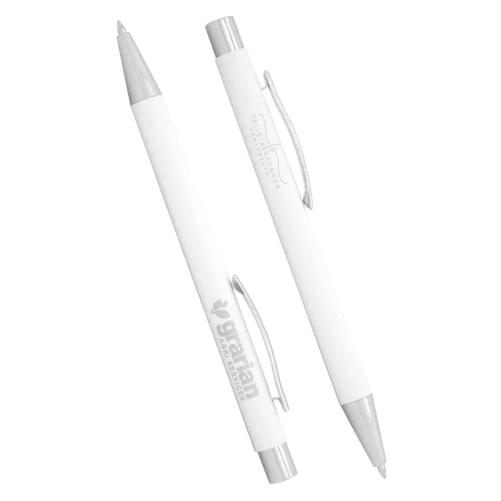 A white ballpoint pen with a silver clip and accents, featuring a branding logo. Two pens are displayed.