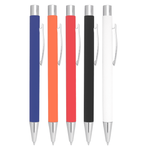 A collection of five metal ballpoint pens in blue, orange, red, black, and white, each with a silver clip.