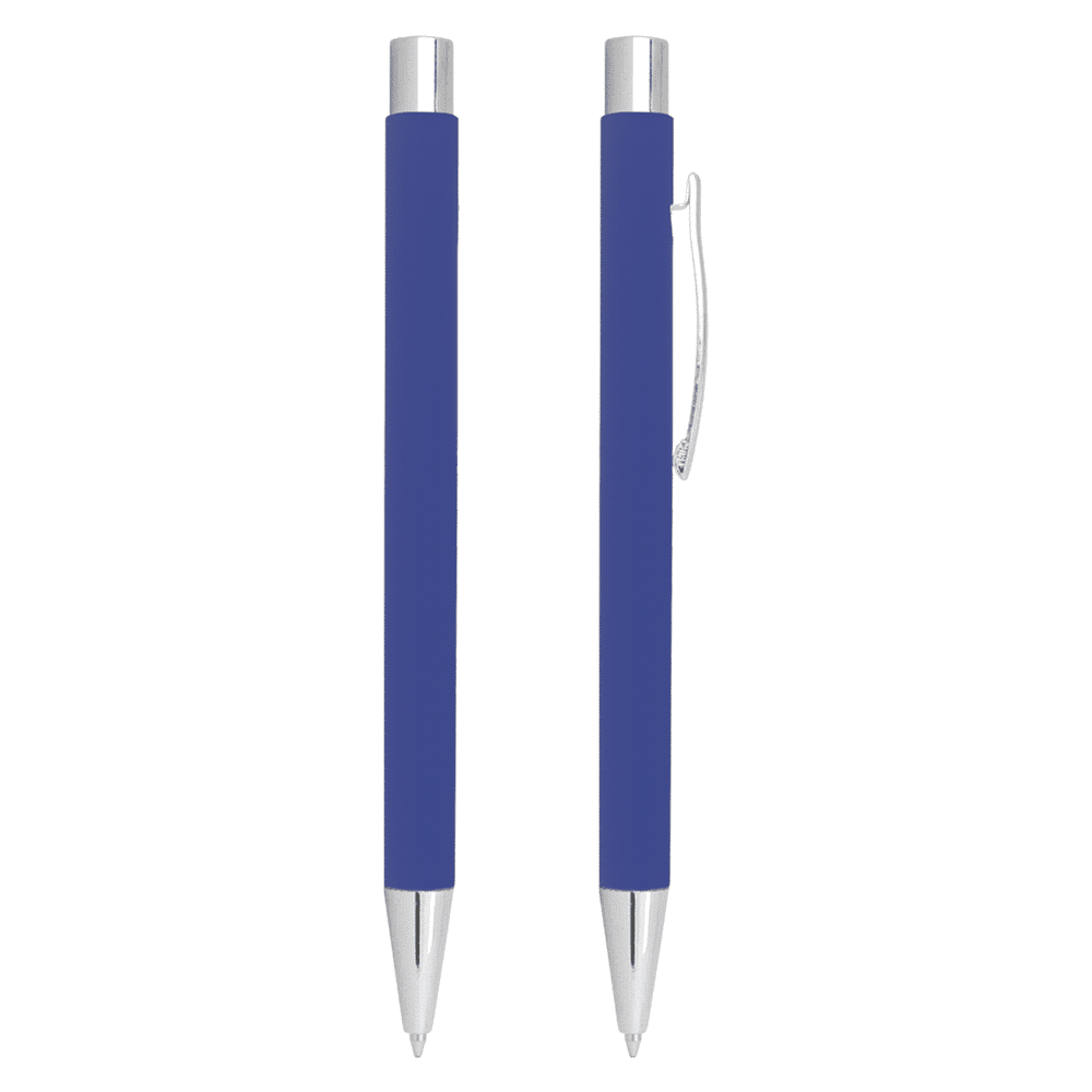 A blue metal ballpoint pen with a chrome clip and accents. Features a click action mechanism.