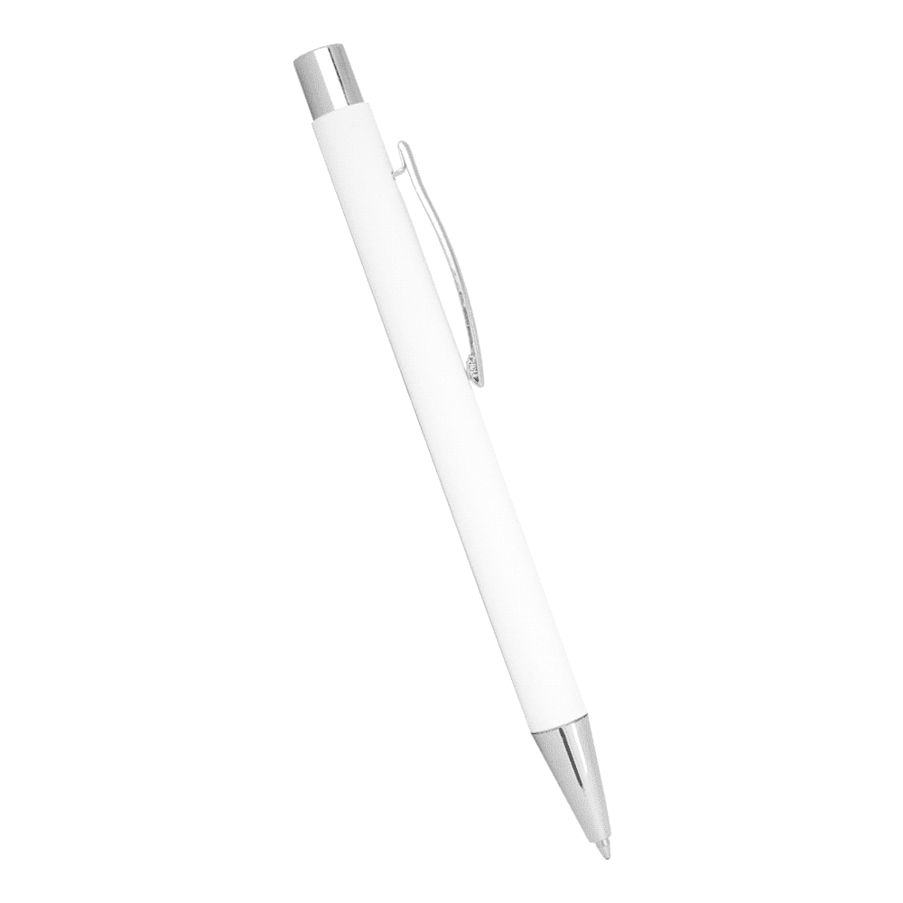 A white ballpoint pen with a silver clip and a metallic tip. The pen features a smooth finish and a logo.