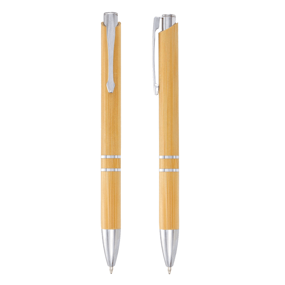 A bamboo ballpoint pen with silver accents, featuring a sleek design and a clip for easy attachment.