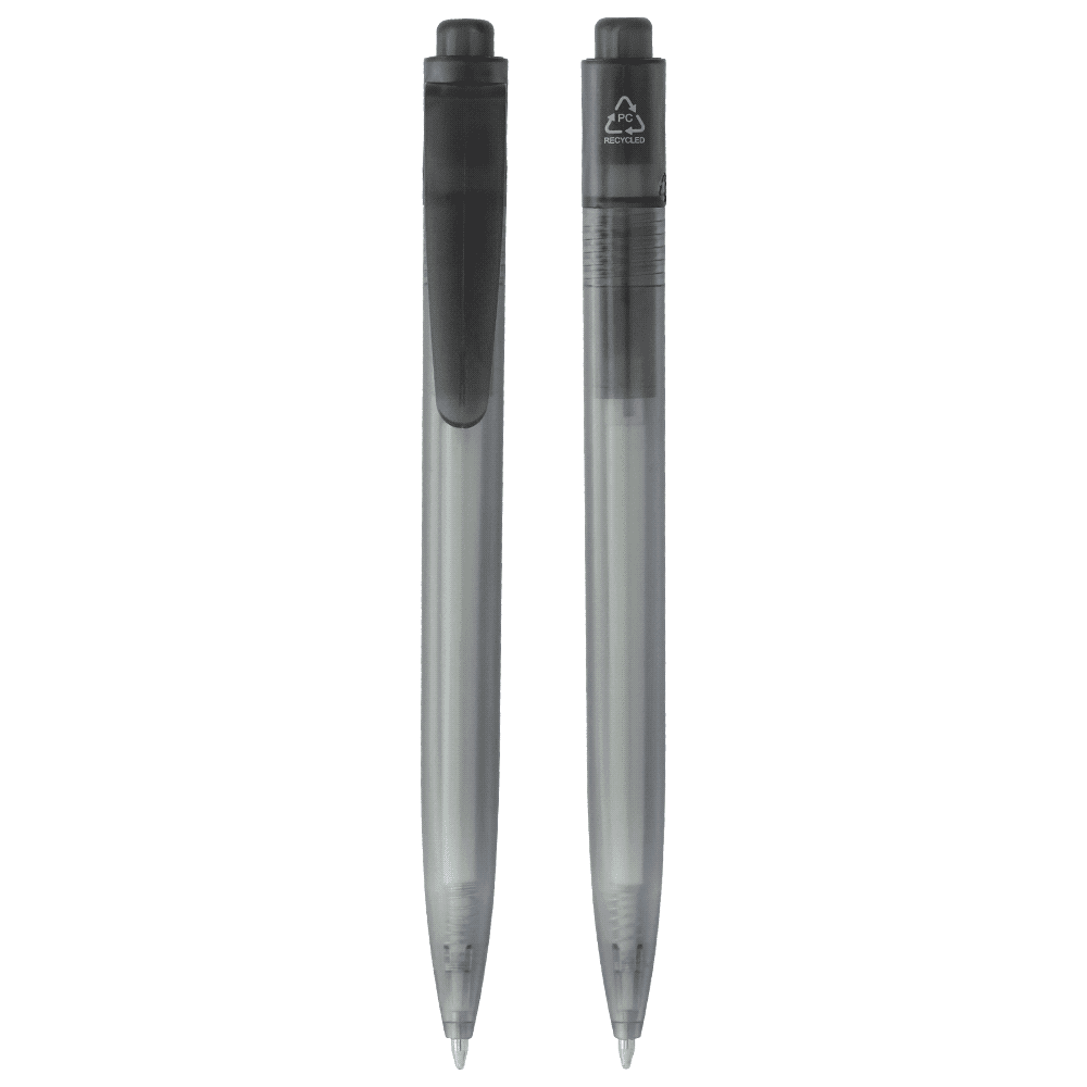A black ballpoint pen made from ocean-bound plastic, featuring a clip and a logo on the upper part.