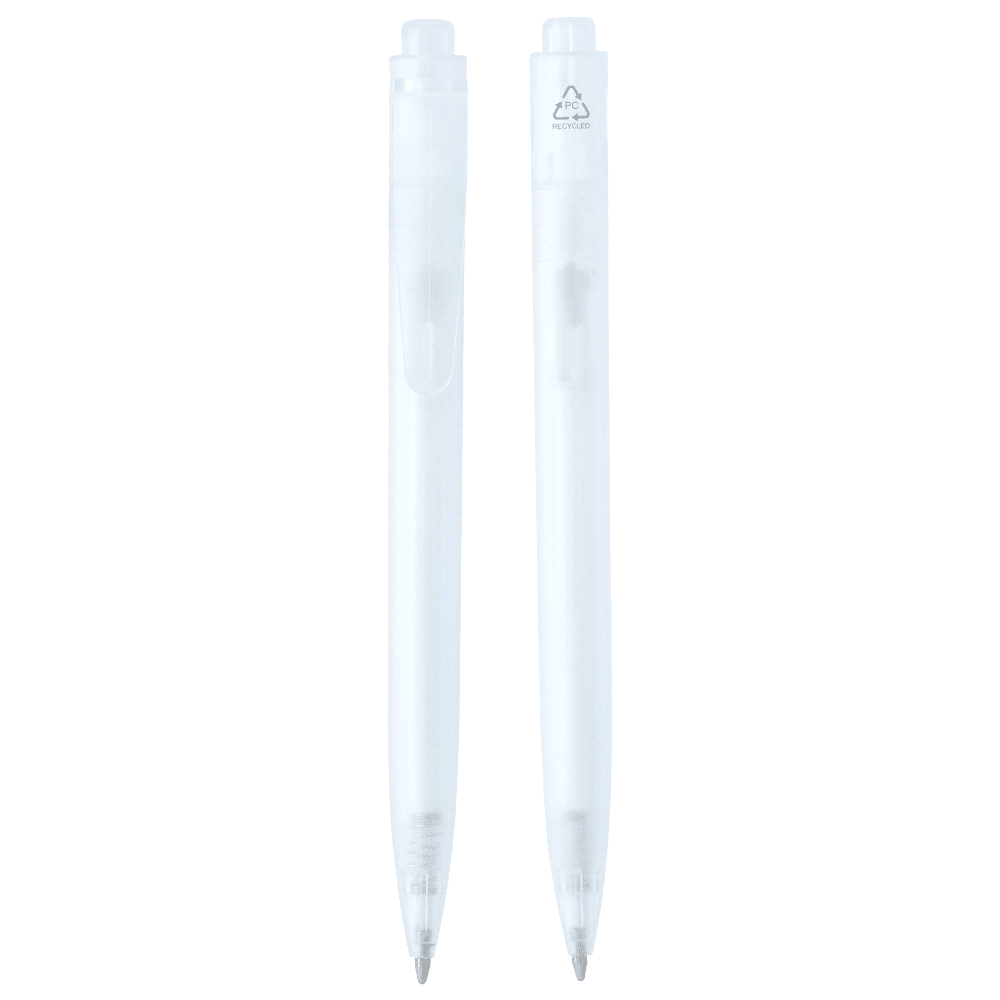 A clear plastic ballpoint pen featuring a simple design and a logo. Ideal for writing.