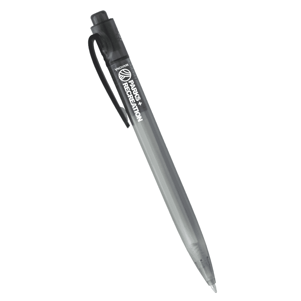 A plastic ballpoint pen in grey with a clip and a branding logo on the barrel.