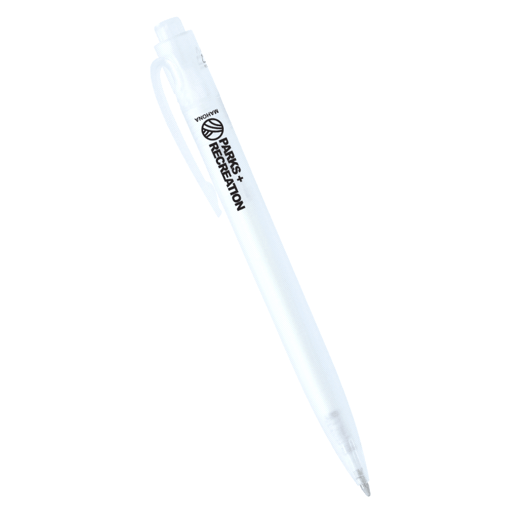 A clear plastic ballpoint pen with a visible logo, featuring a white barrel and a lightweight design.