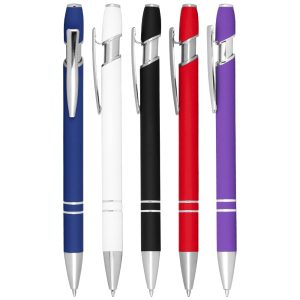 A collection of Talara Click Action Ballpoint Pens in blue, white, black, red, and purple with silver accents.