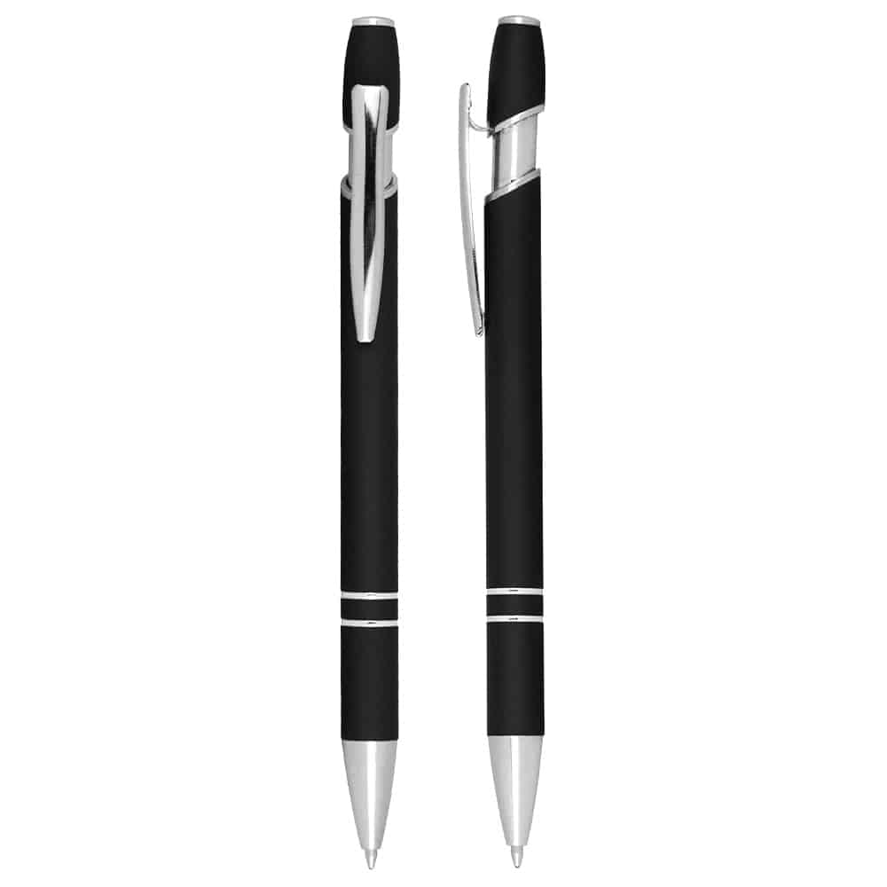A black ballpoint pen with silver accents and a clip, featuring a sleek click-action mechanism.
