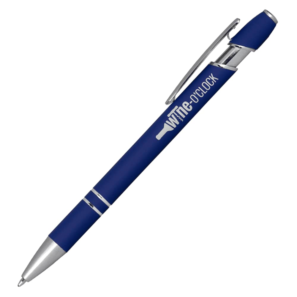 A blue ballpoint pen with a click action mechanism and a silver clip, featuring a branding logo.