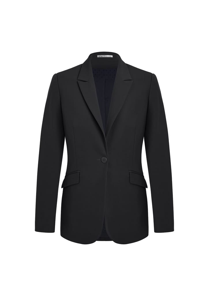 A black longline jacket with a single button front, featuring two side pockets and a tailored fit.
