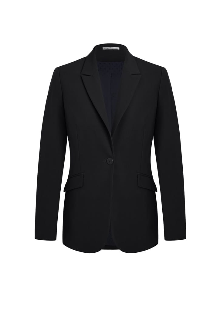 A black longline blazer with a single button and two front pockets. The jacket has a modern, tailored style.