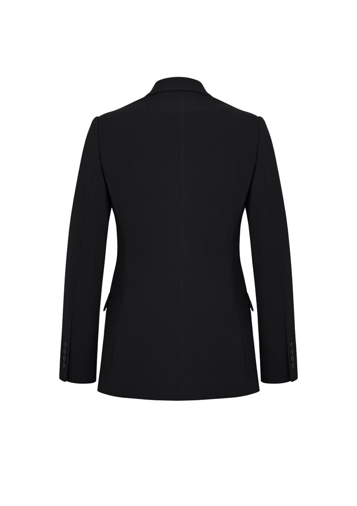 A black longline blazer with a tailored fit, featuring long sleeves and a sleek design, viewed from the back.
