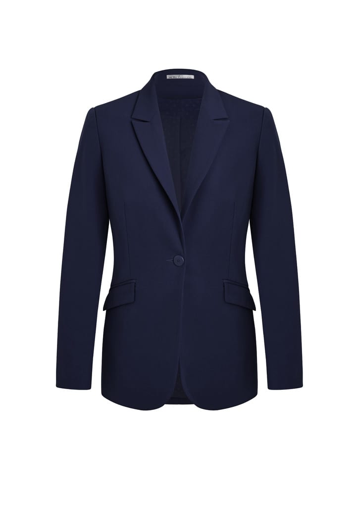 A navy longline blazer jacket with a single button closure and two front pockets. It features a lapel collar and a tailored fit.
