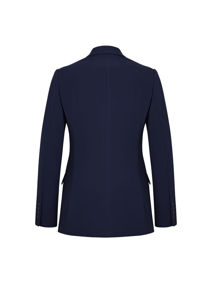 A navy women's longline jacket featuring a tailored back design and a single vent. The jacket has branding details.