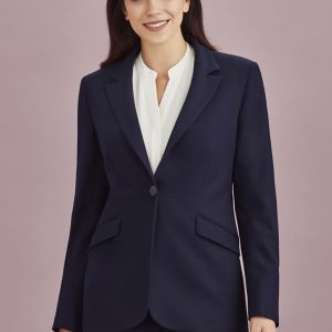 A navy women's longline jacket with a fitted design, featuring a single button and two front pockets.