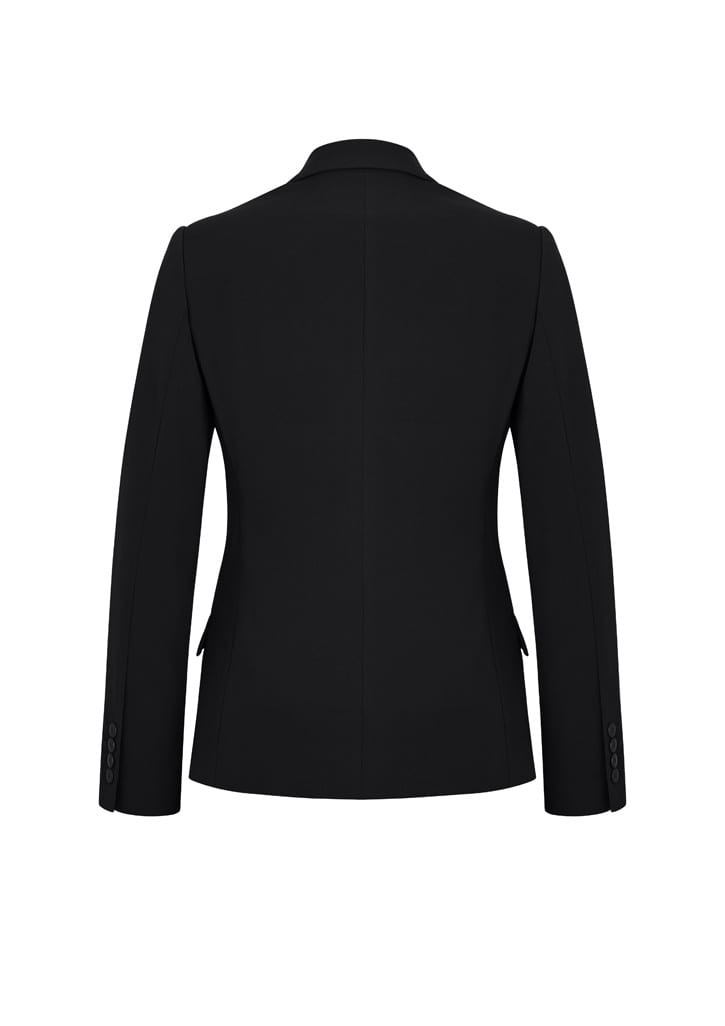 A black mid-length jacket with long sleeves and a tailored back design. It features a logo on the fabric.