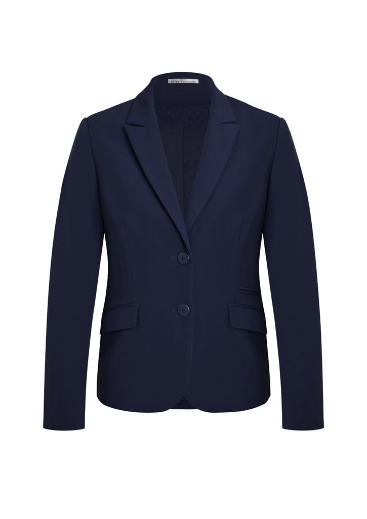 A navy mid-length women's jacket with a notched lapel and two-button closure, featuring two side pockets and a branding logo.
