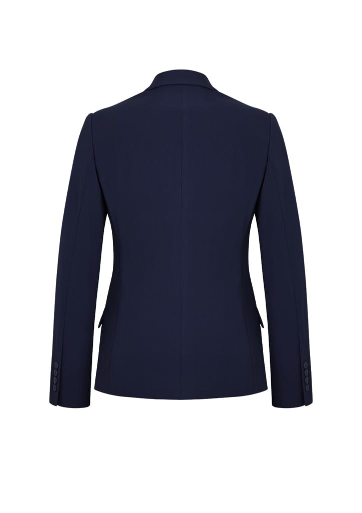 A navy mid-length women's jacket with a fitted design and long sleeves, featuring buttons on the cuffs.