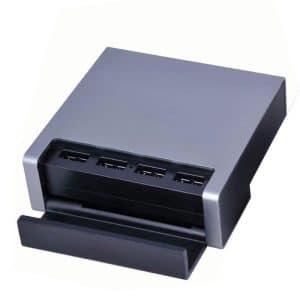 A USB smart charger in silver and black, featuring multiple USB ports and a sleek design. It includes a brand logo.