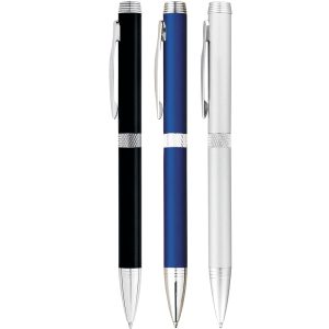 Three metal twist-action ballpoint pens in black, blue, and silver, each featuring a clip and decorative silver accents.