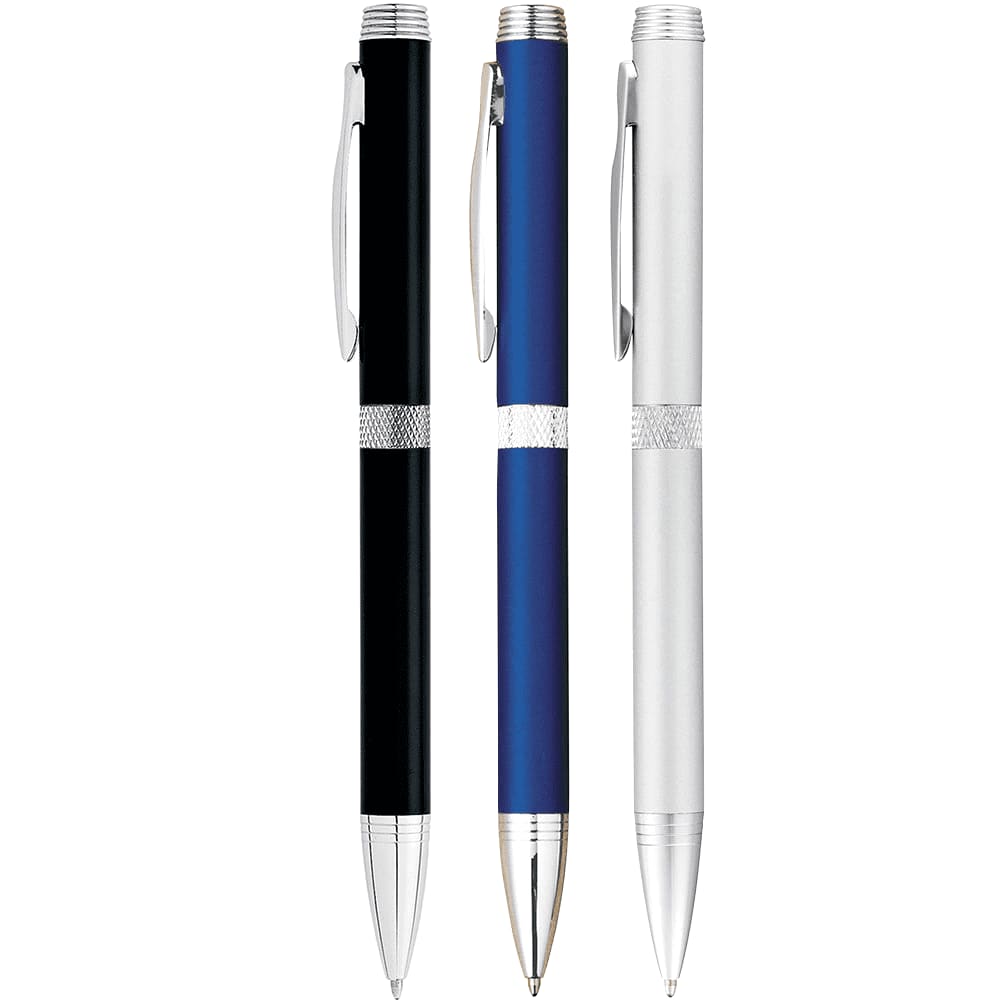 Three metal twist-action ballpoint pens in black, blue, and silver, each featuring a clip and decorative silver accents.