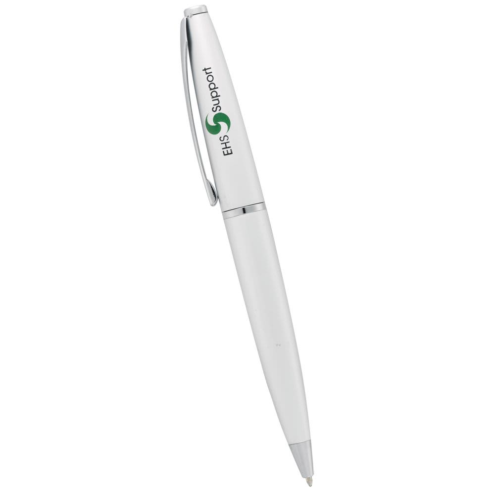 A white metal twist action pen with a silver accent and a branding logo.