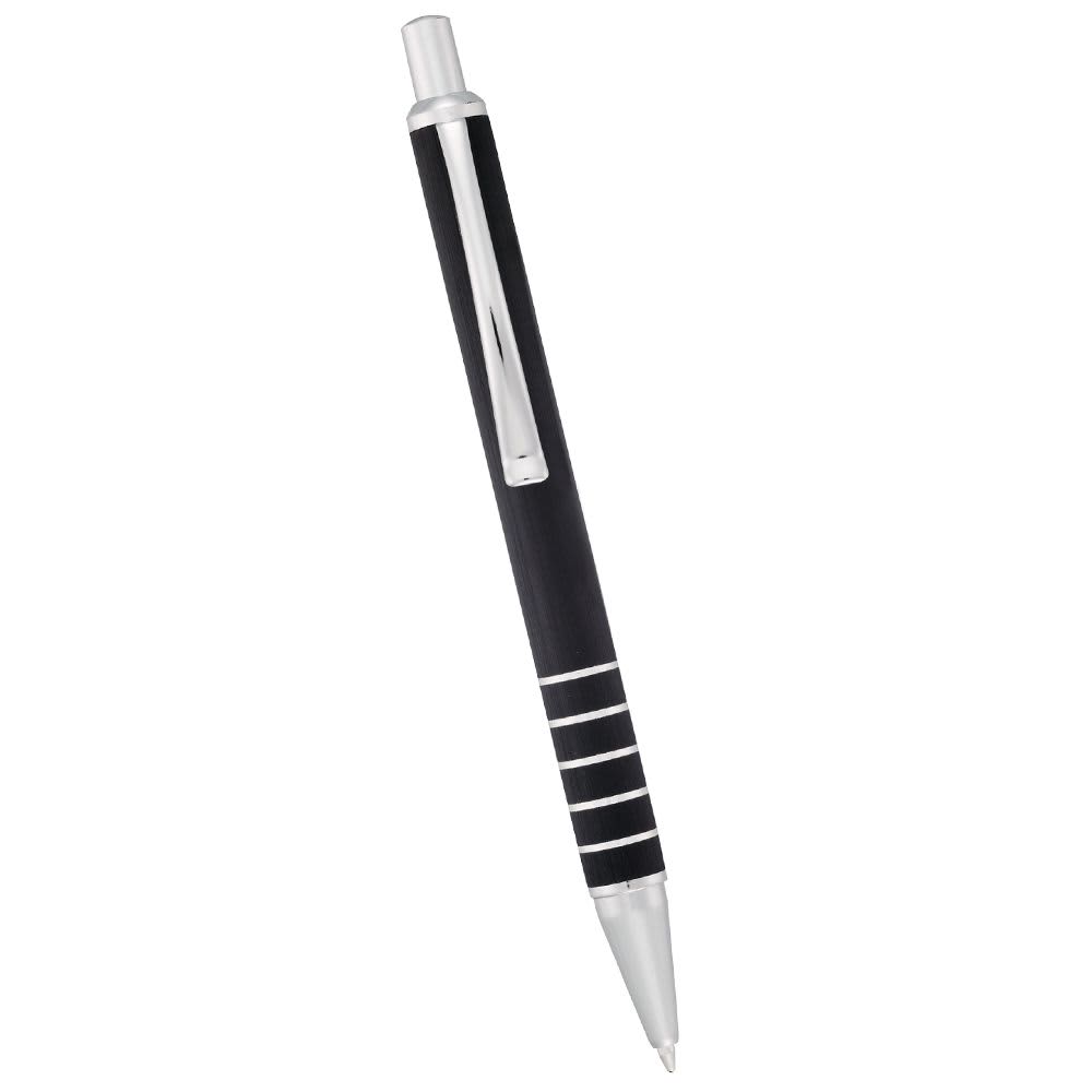 A sleek black ballpoint pen with silver accents and a clip, featuring a modern design.