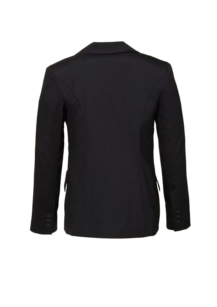 A black women's longline jacket, featuring a tailored fit and buttons on the sleeves. It includes a logo.