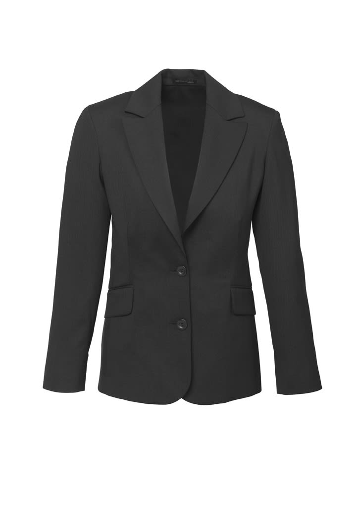 A black longline jacket with a tailored fit, featuring two front pockets and a single button closure.
