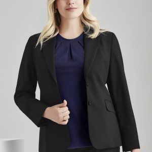 A women's black comfort wool stretch longline jacket with tailored fit and a single-breasted design.