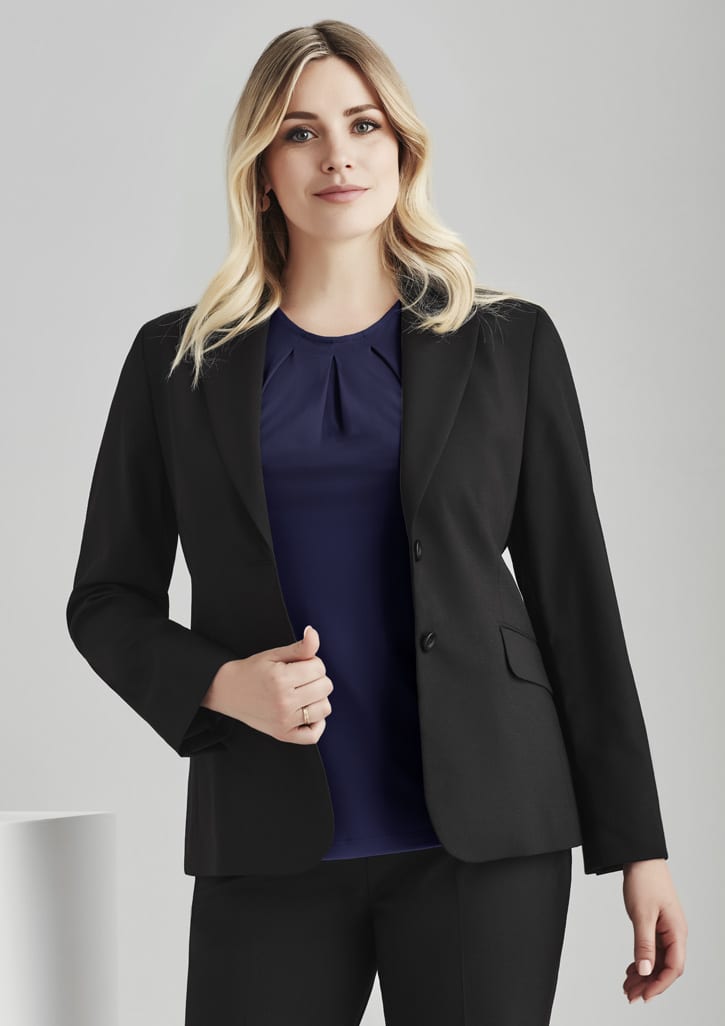 A women's black comfort wool stretch longline jacket with tailored fit and a single-breasted design.