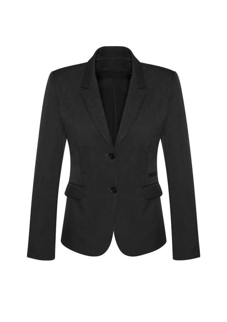 A women's mid-length black blazer featuring a two-button closure and side pockets. The jacket has a fitted silhouette.