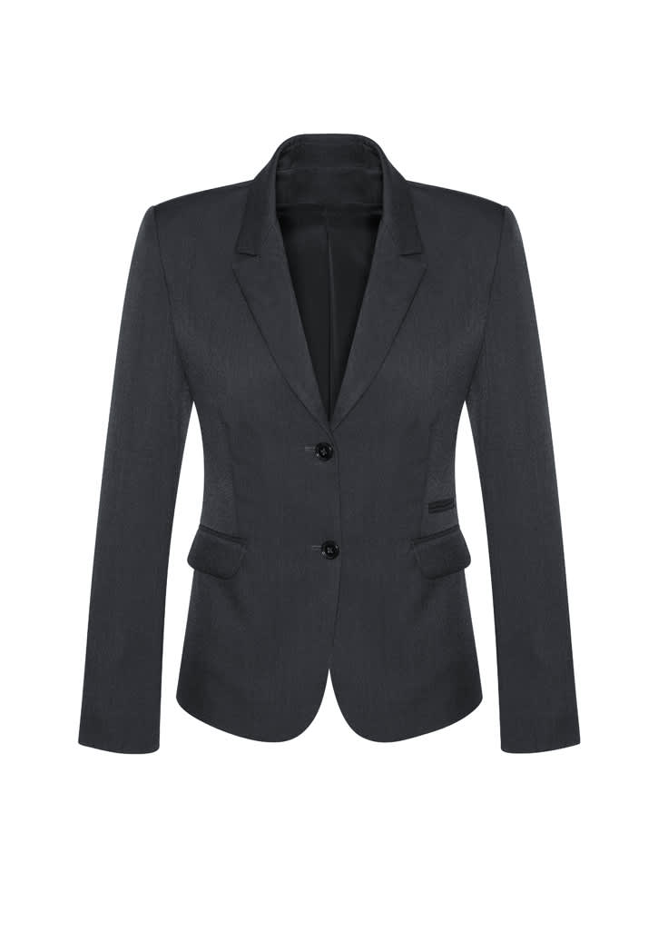A women's mid-length blazer in dark grey with two buttons and angled pockets, featuring a tailored fit.