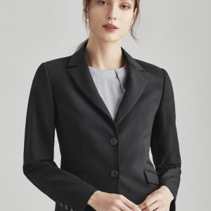 A women's black mid-length jacket featuring a two-button closure and sleek design. It has a branding logo on it.